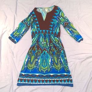 Sangria - V-neck Paisley Dress with ¾ Sleeves
